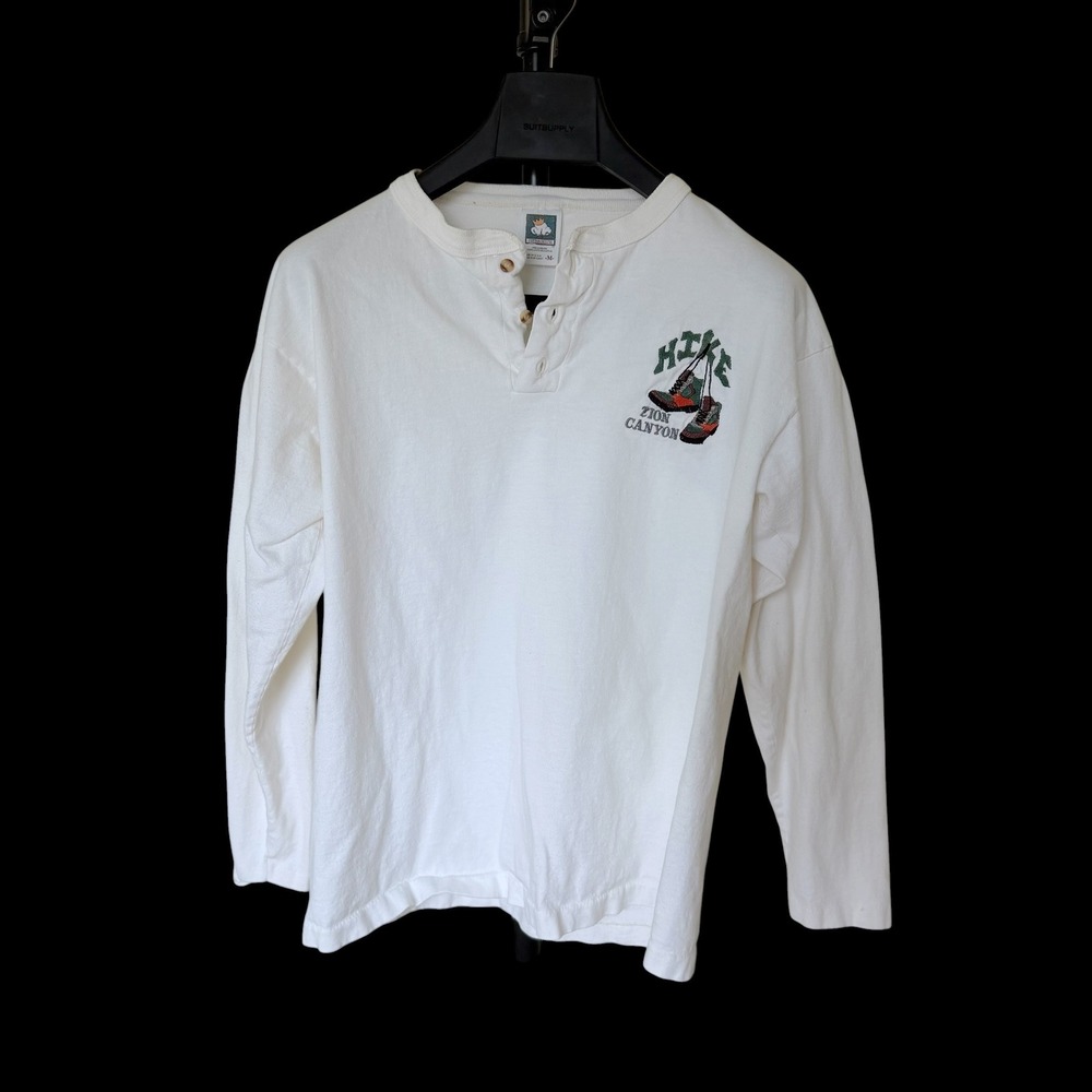 80's Cotton Deluxe Zion Canyon Hike Henley Shirt Medium White Long Sleeve USA